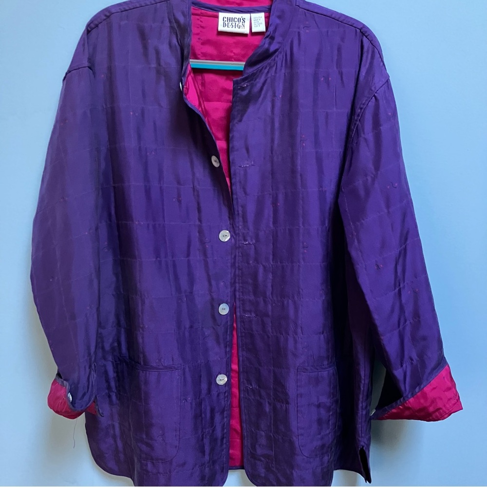 100% Silk Chico’s Purple Magenta Jacket Size 3 (16 to 18 XL) Lagenlook Button Up